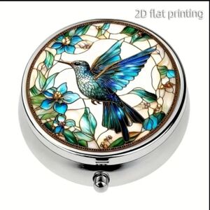 Hummingbird 3-Compartment Metal Pill Box Container. New!